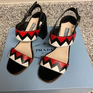 Prada Zigzag Leather Block-Heel Slingbacks s 6.5